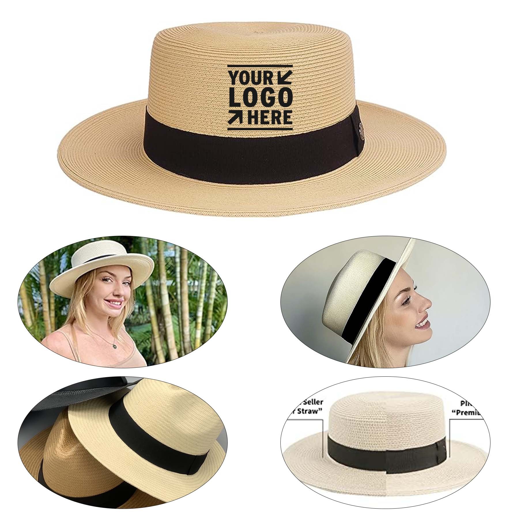 Women Men Fine Braid Pine/ Star Deor Boater Straw Beach UPF50+ Sun Hat 1