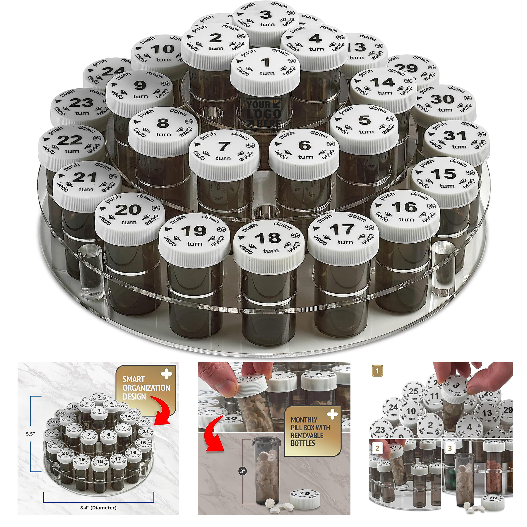 31 Numbered Full Size Monthly Pill Bottle Medication Vitamins Organizer with Childproof Lids  