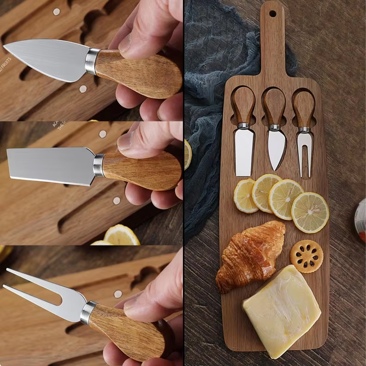 Wooden Cheese Board Serving Knife Set 4