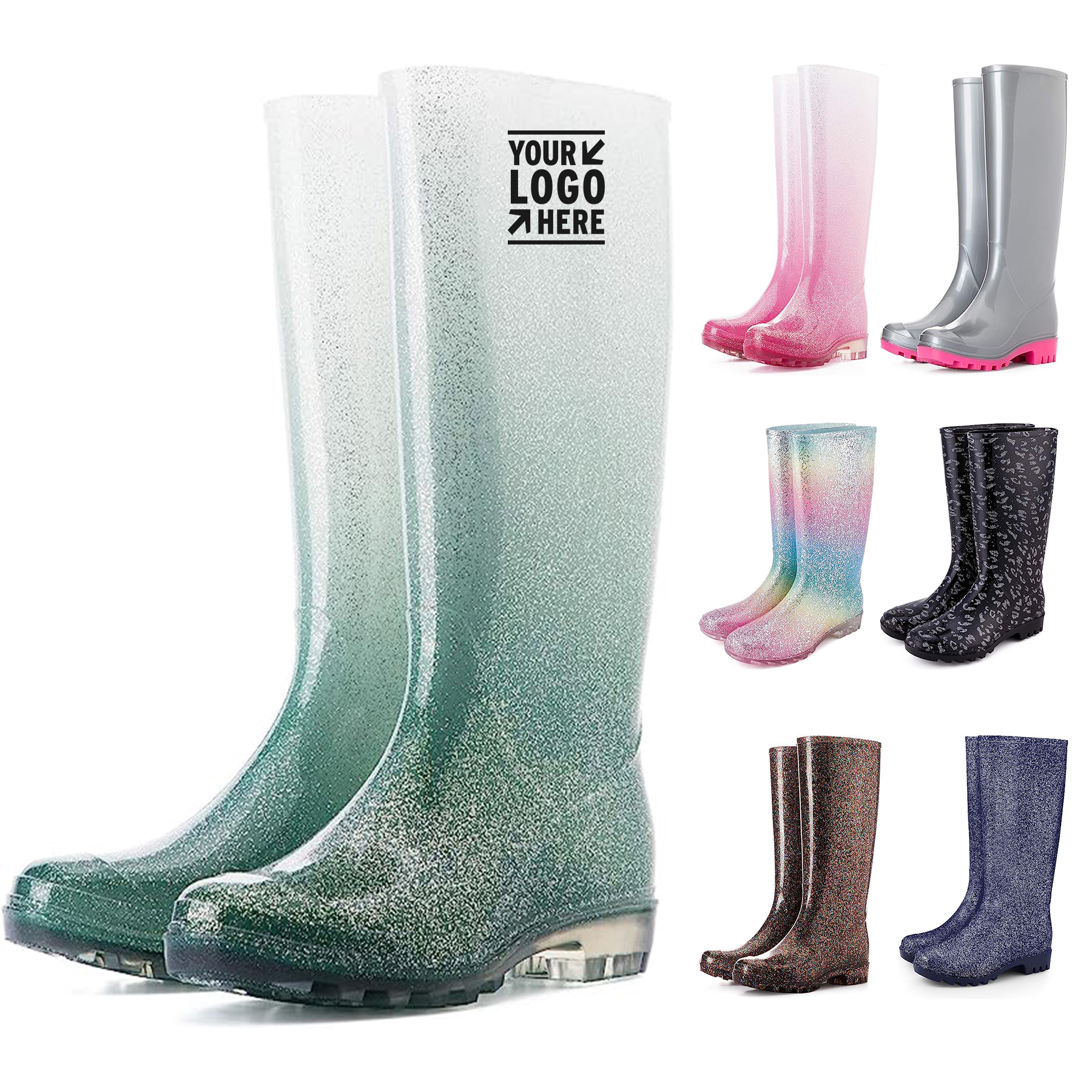 Womens Knee High Waterproof Glitter Rain Boots 2
