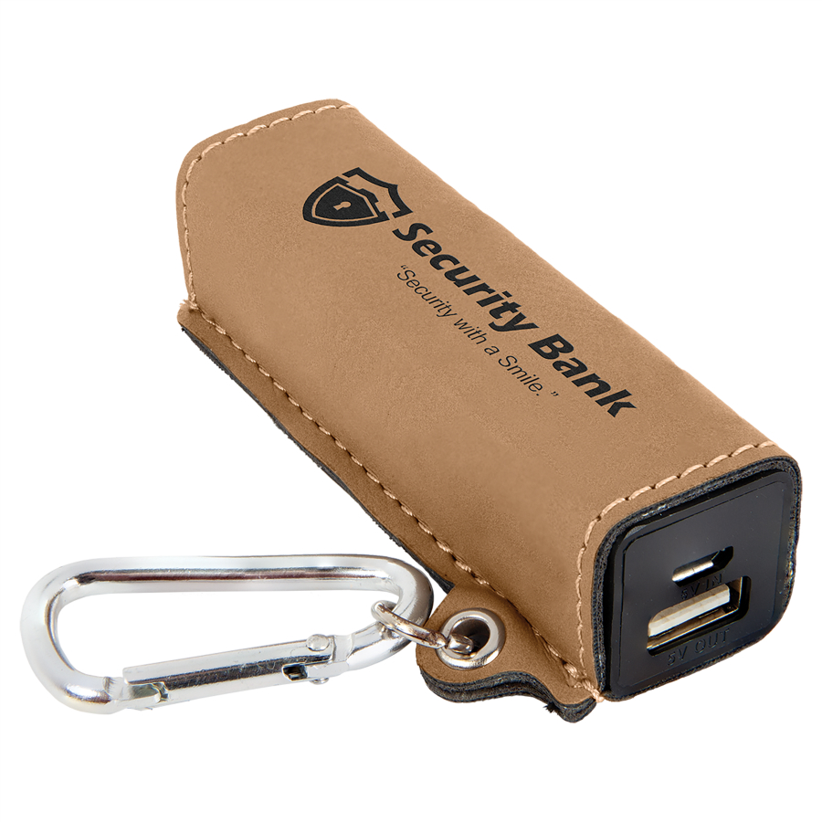 Light Brown Leatherette 2200 mAh Power Bank with USB Cord 2