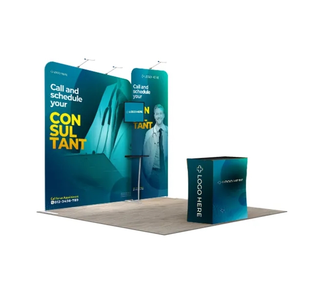 10ft Inline Trade Show Booth – Portable Backwall Display with Counter & Monitor Stand 2