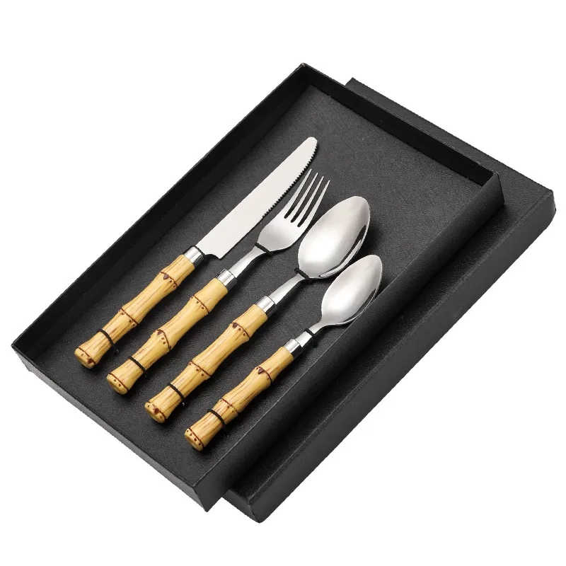 4 Piece Bamboo Stainless Steel Cutlery Gold Flatware Sets 5