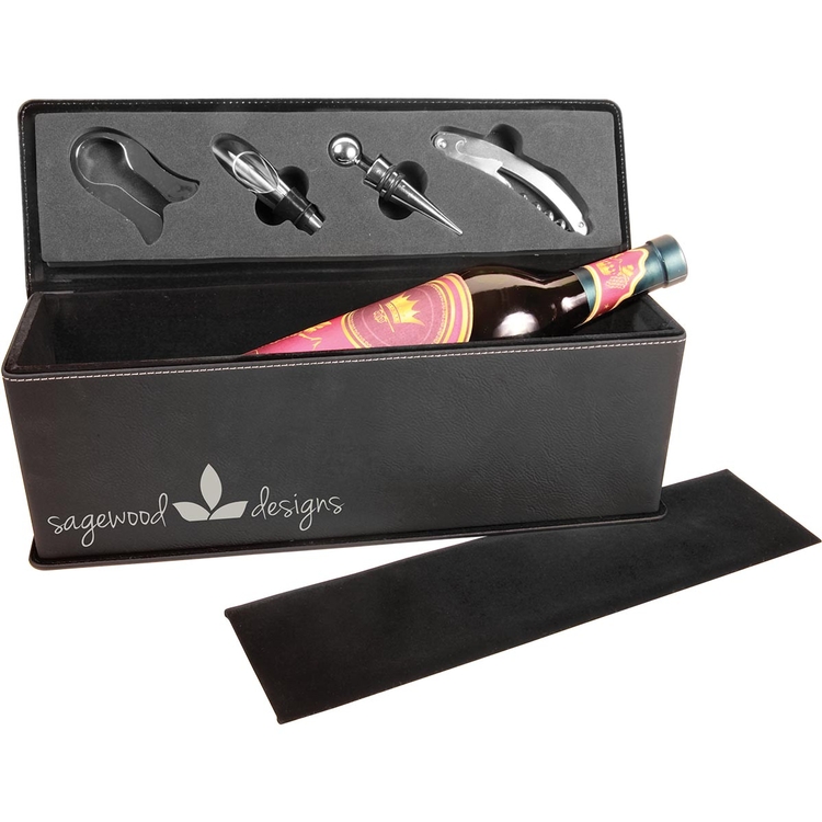 Black/Silver Leatherette Single Wine Box w/ Tools 4