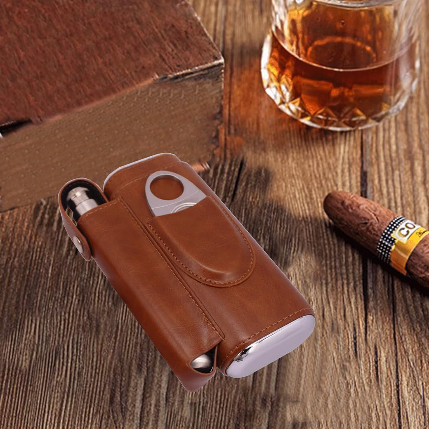 Cigar Holder with Flask and Cutter Set 4