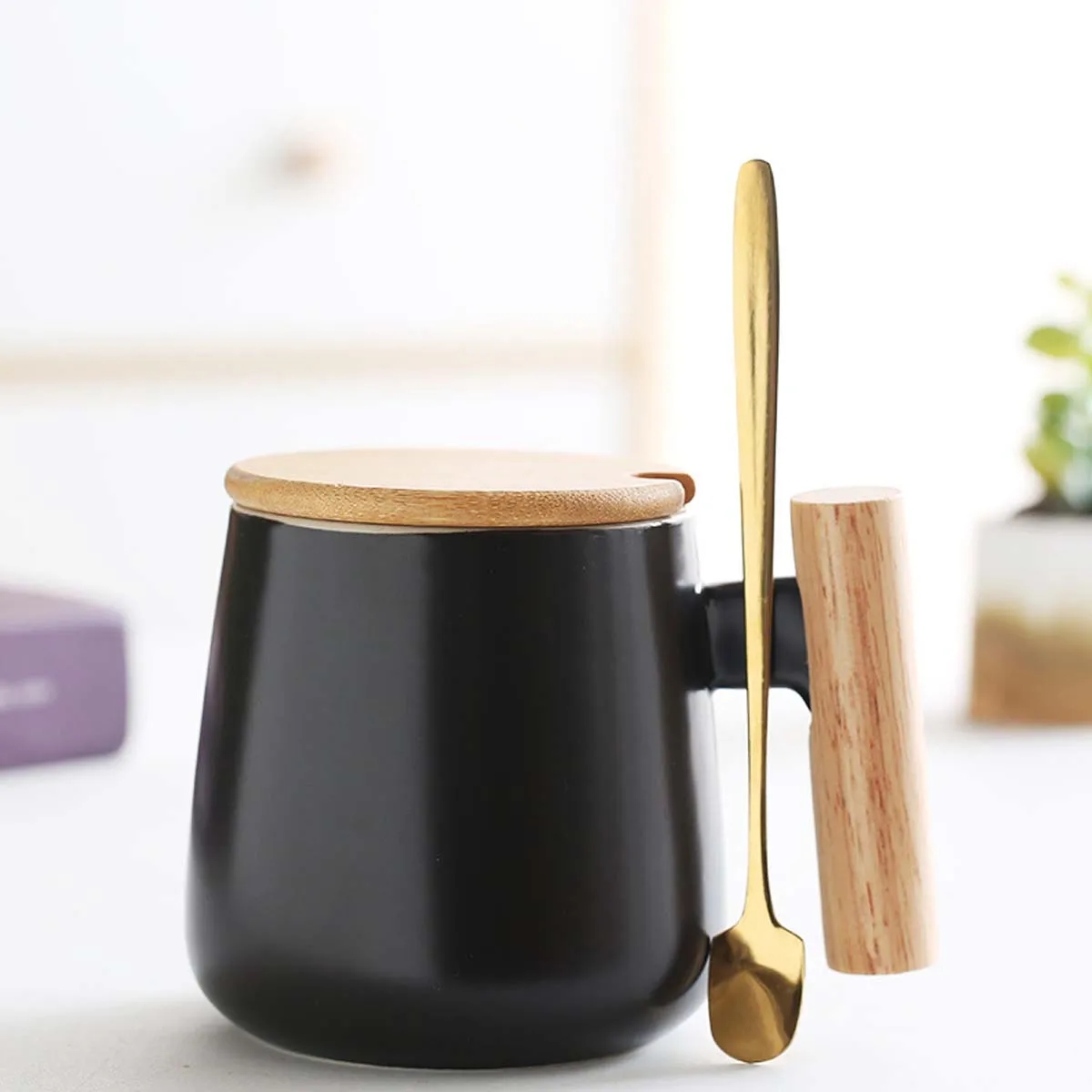 12oz. Ceramic Wooden Handle Tea cup Lid Spoon Coffee Mug 6