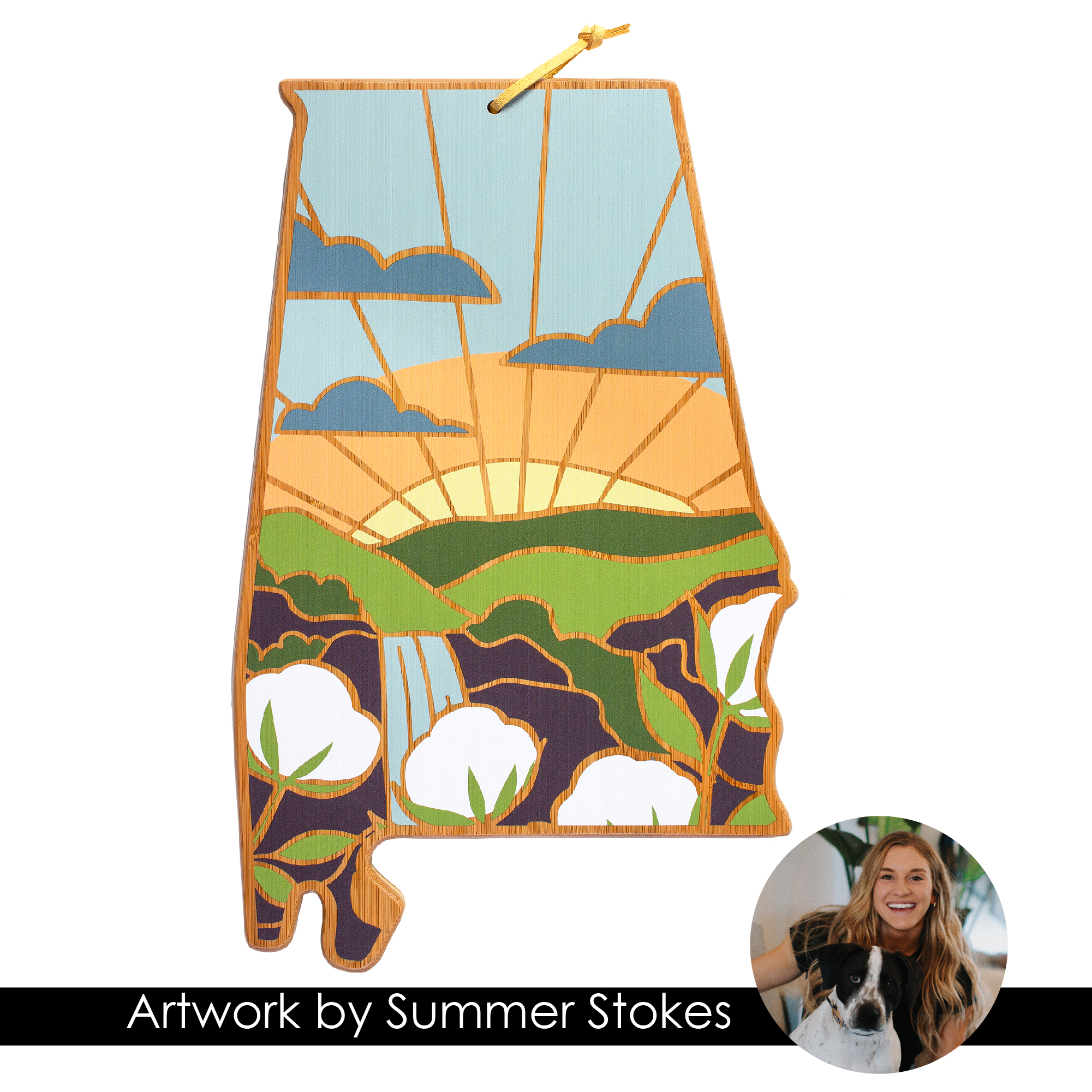 Alabama State Shaped Serving and Cutting Board with Artwork by Summer Stokes 3