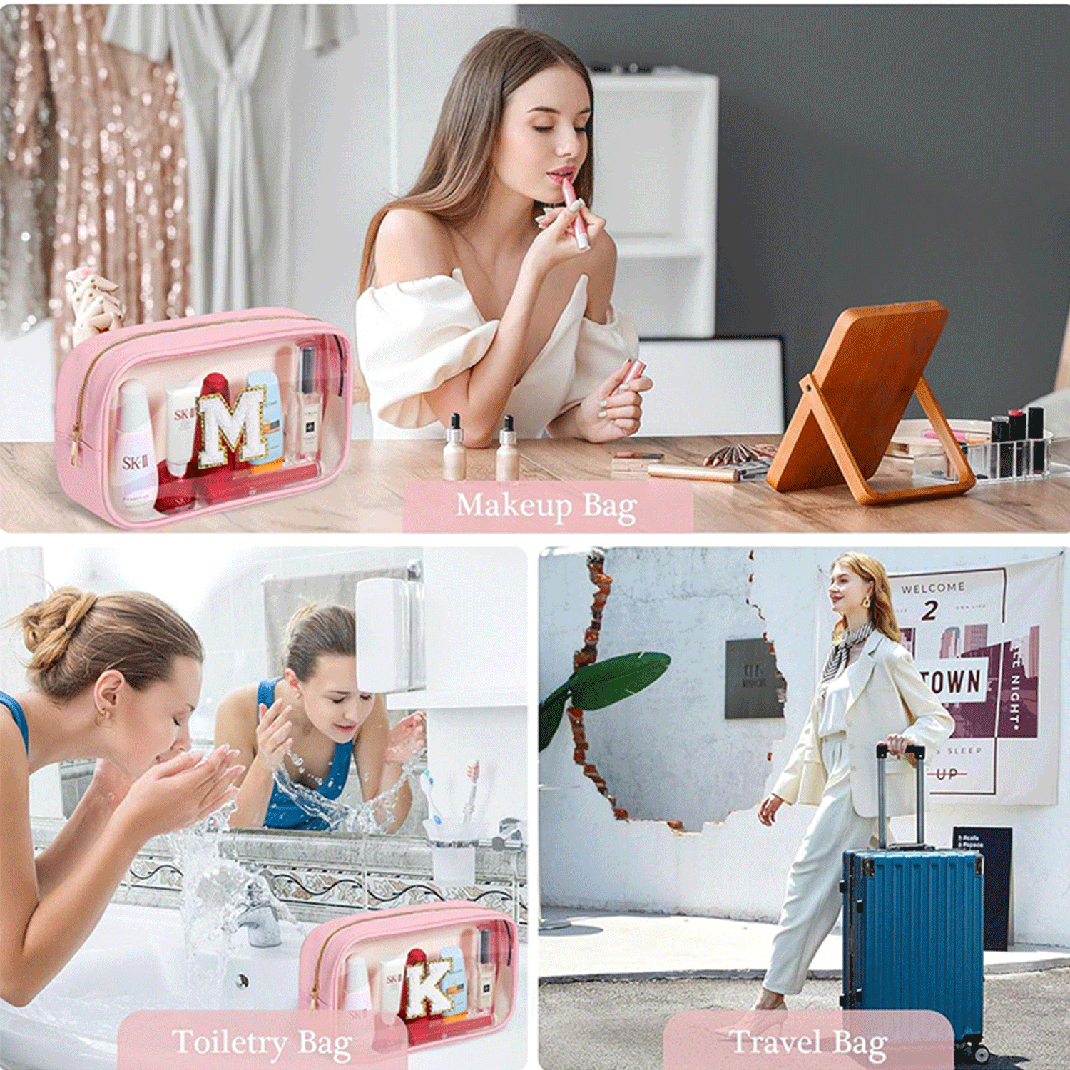PVC and PU Leather Clear Makeup Bag W/ Initial Letter 6