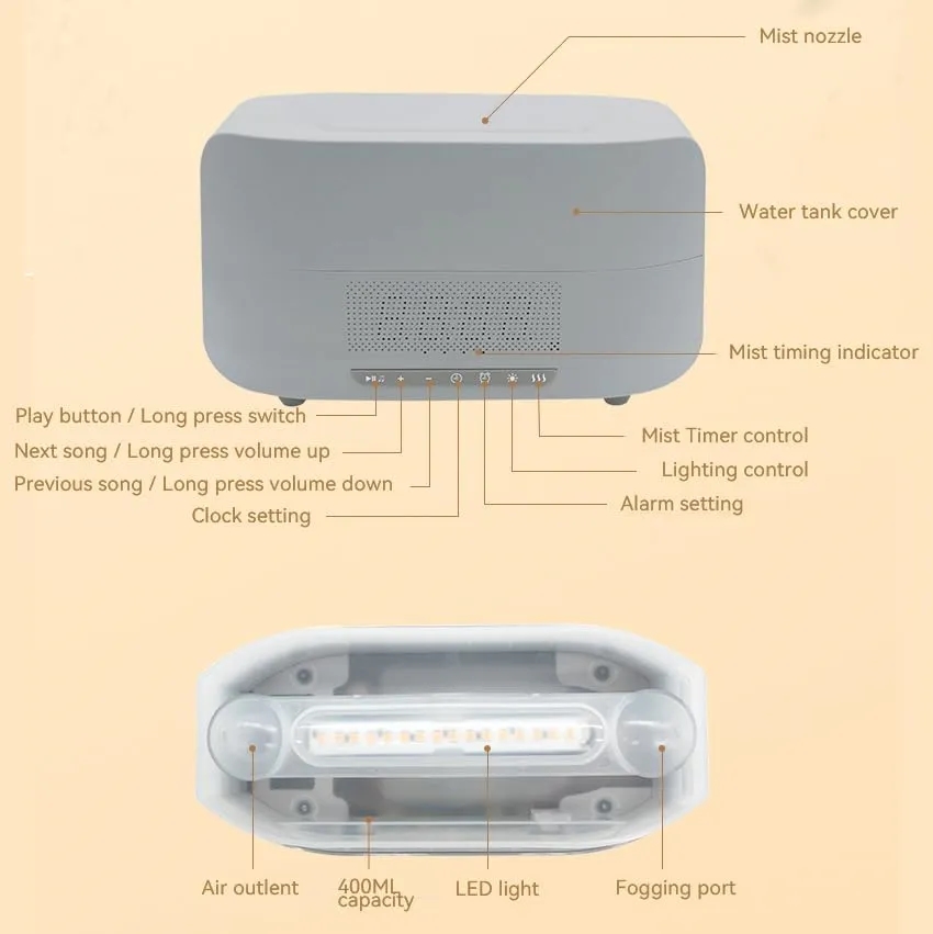 Flame Diffuser with Bluetooth Speaker and Clock Humidifier 3
