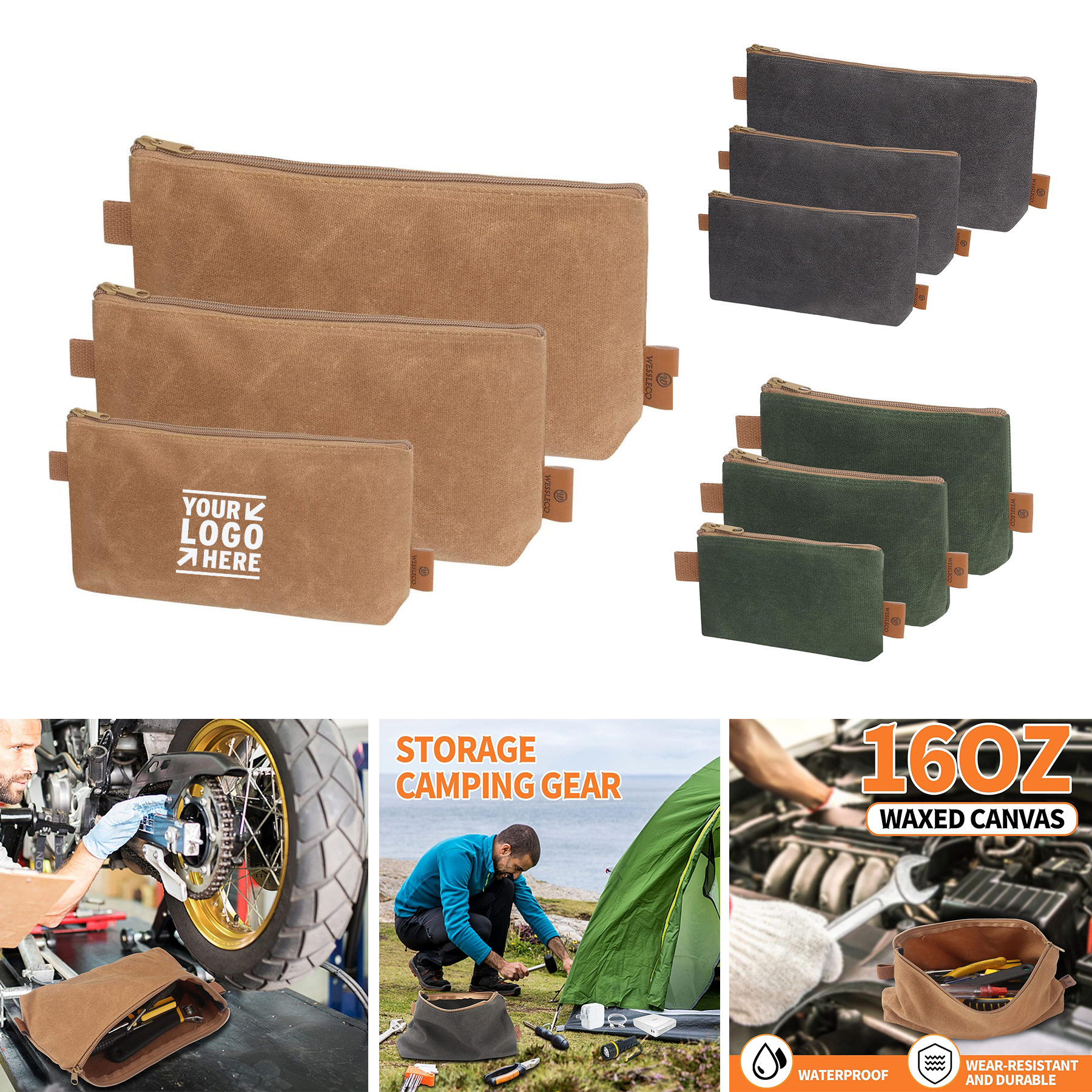 3 Pack 16OZ 5.7/6.7/12.3 Inch Waxed Canvas Zipper Bag Pouches Small Tool Organizer  2