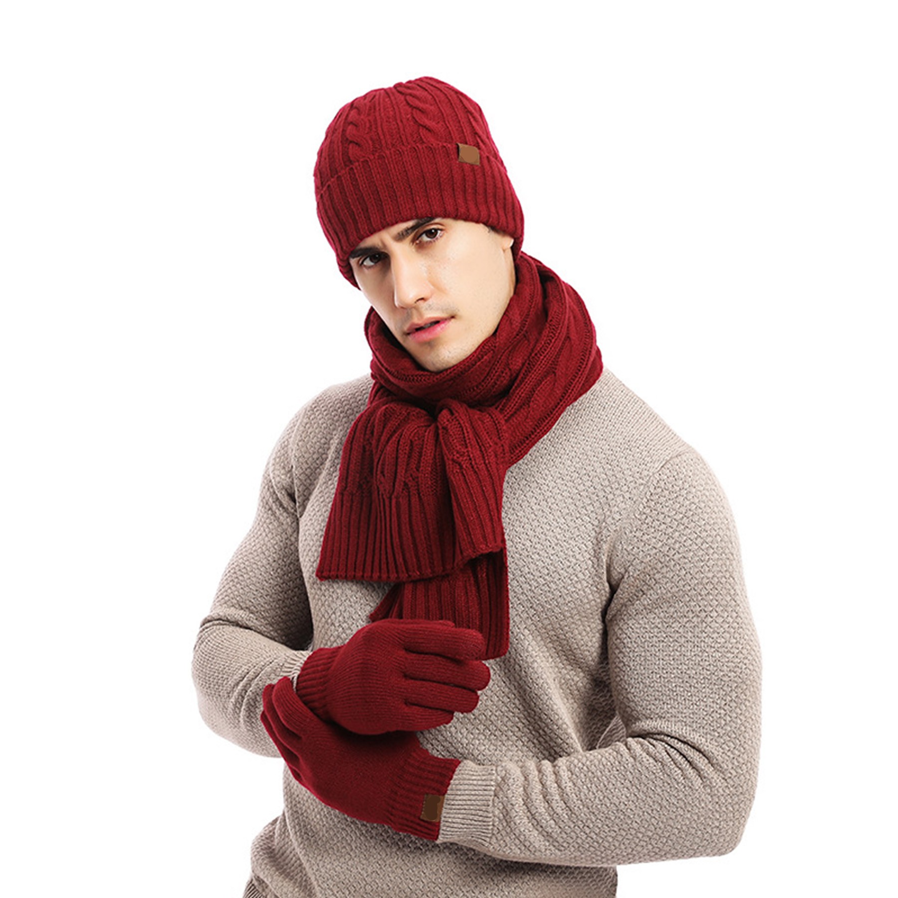 3PC Twist Pattern Wool Cashmere Beanie Scarf Gloves Set 2