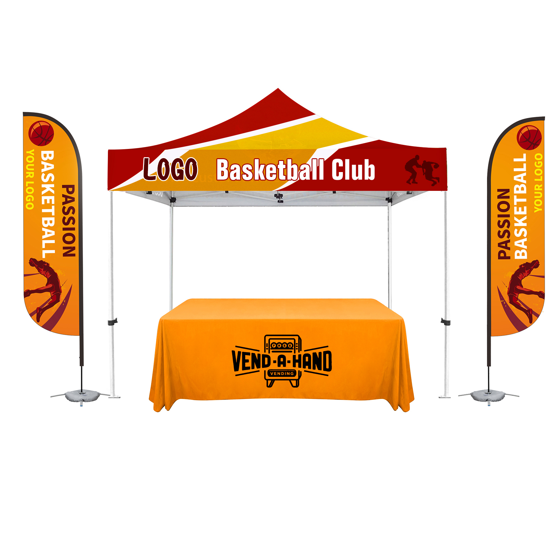 10'X10' Deluxe White Steel Frame, Dye Sub Canopy, Two 11' Feather Flag & 6' Custom Table Throw 2
