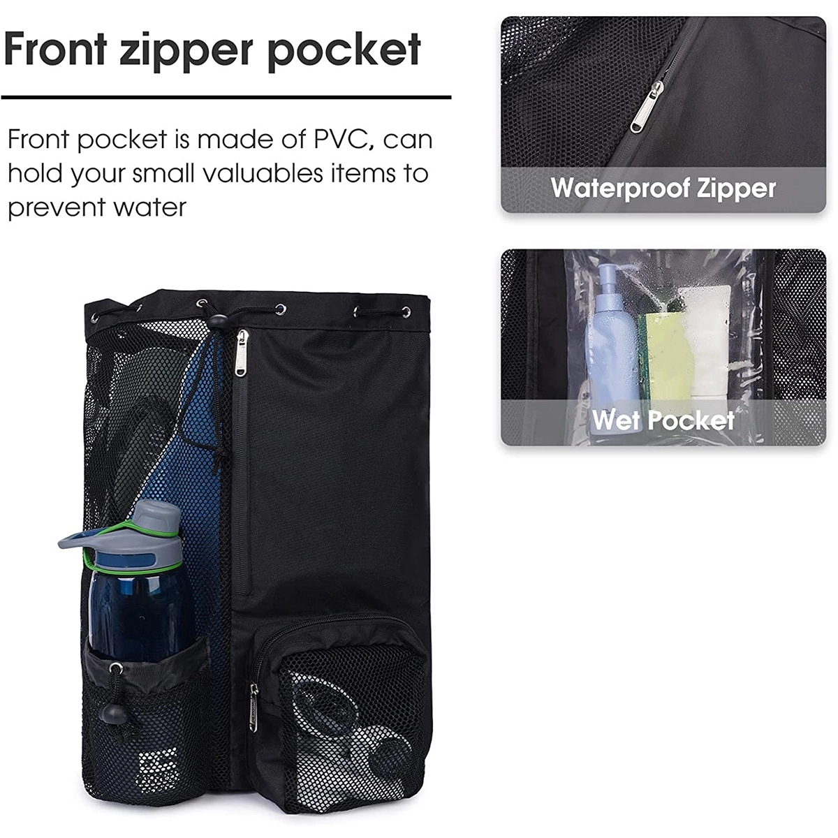 Swim Mesh Beach Drawstring Backpack Bag with Wet Pocket 5