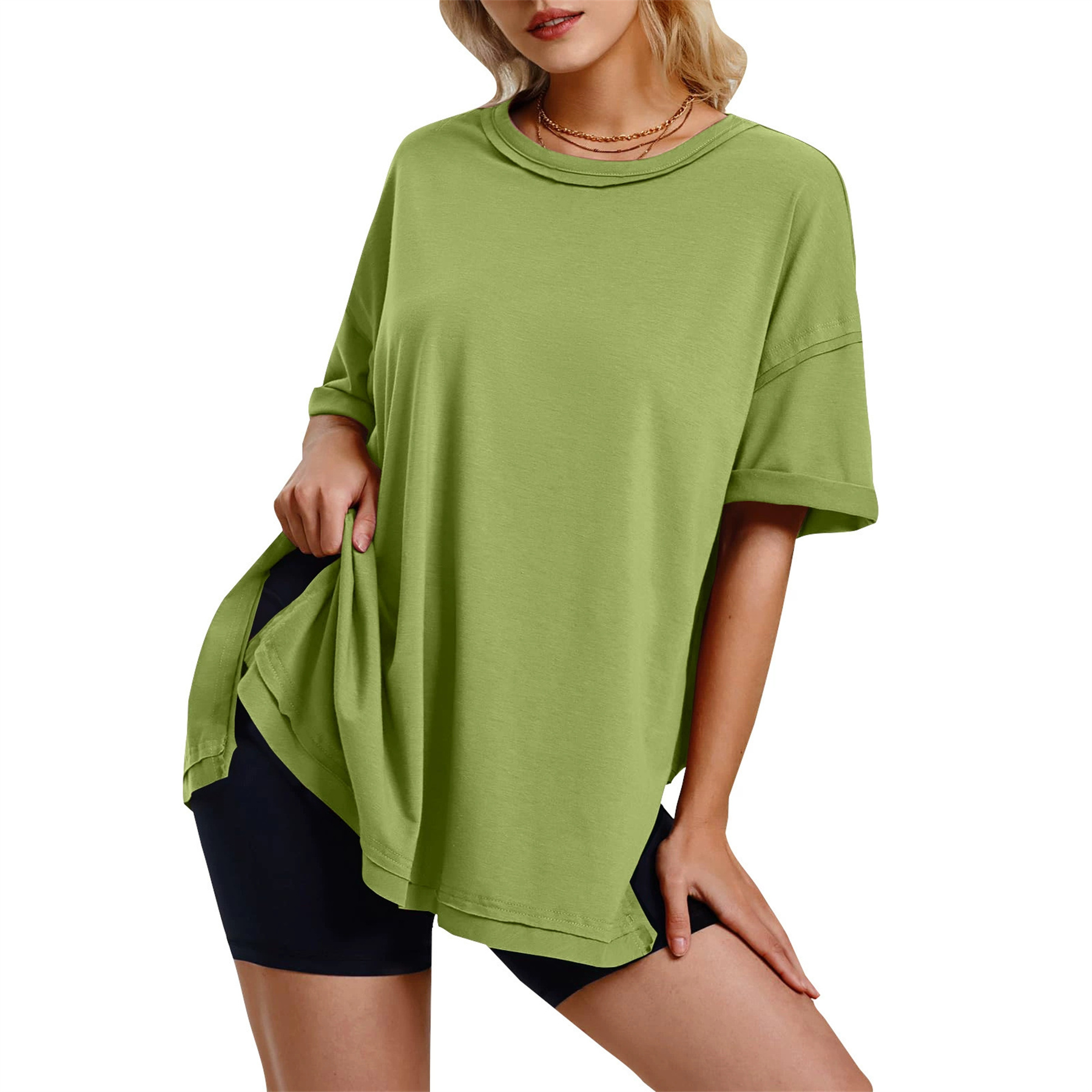 Solid color cotton round neck side slit loose T Shirt 1