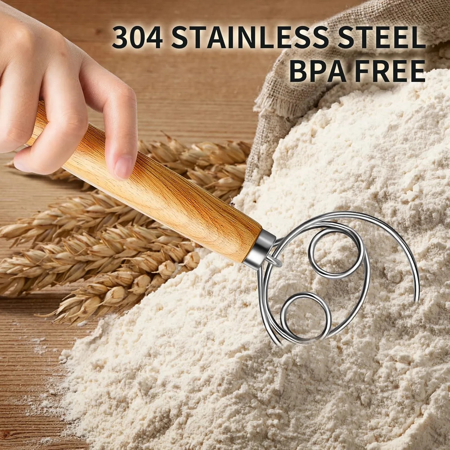 Wooden Handle Bread Dough Whisk 6