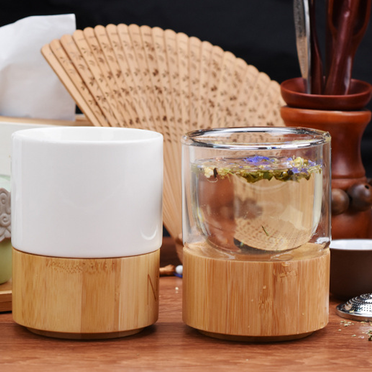 Double Walled Glass Cup W/ Bamboo Bottom 5