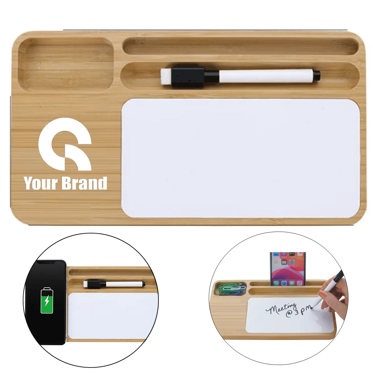 Bamboo 10W Wireless Charging Desk Organizer With Writing Pad 1