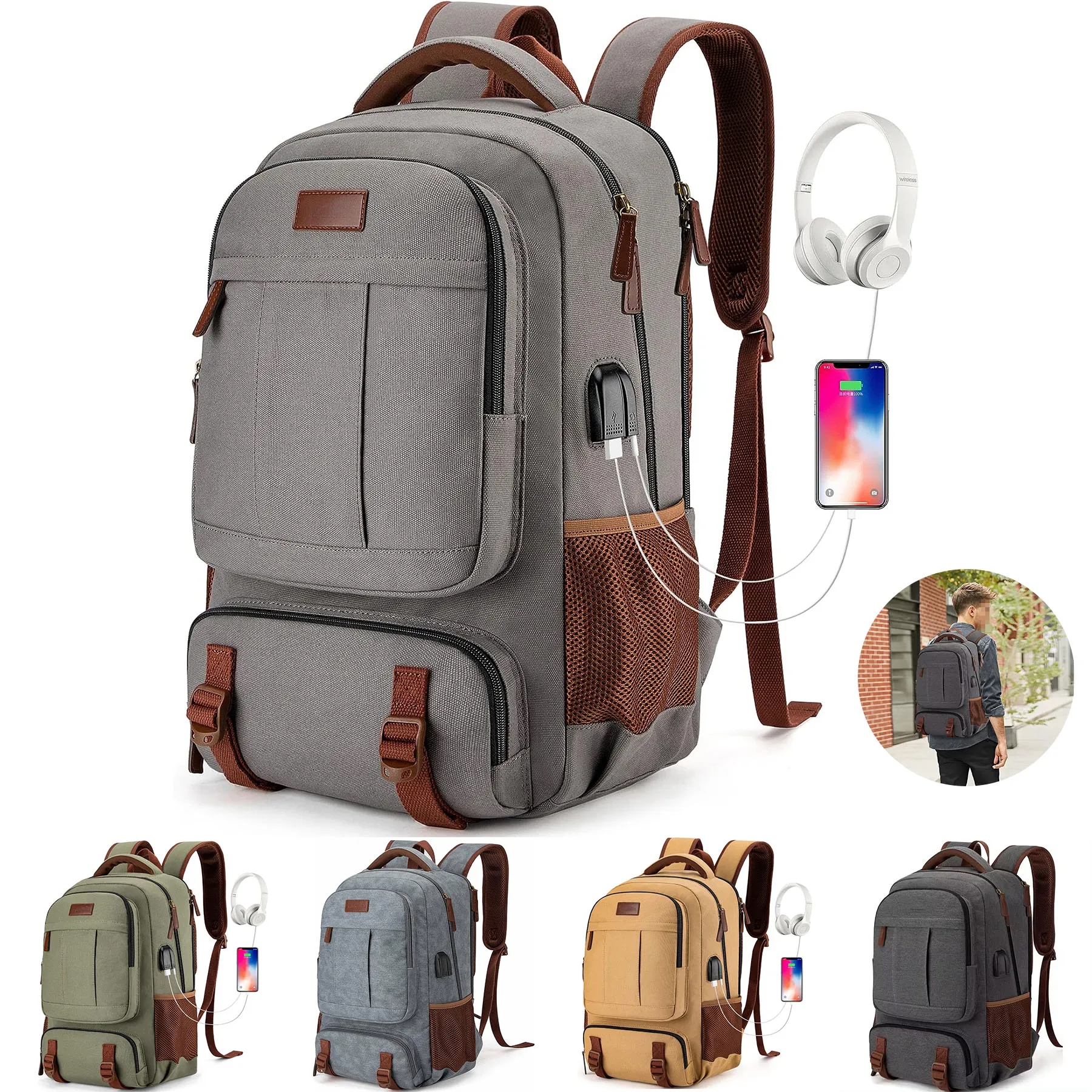 USB Charging Canvas Laptop Backpack 9