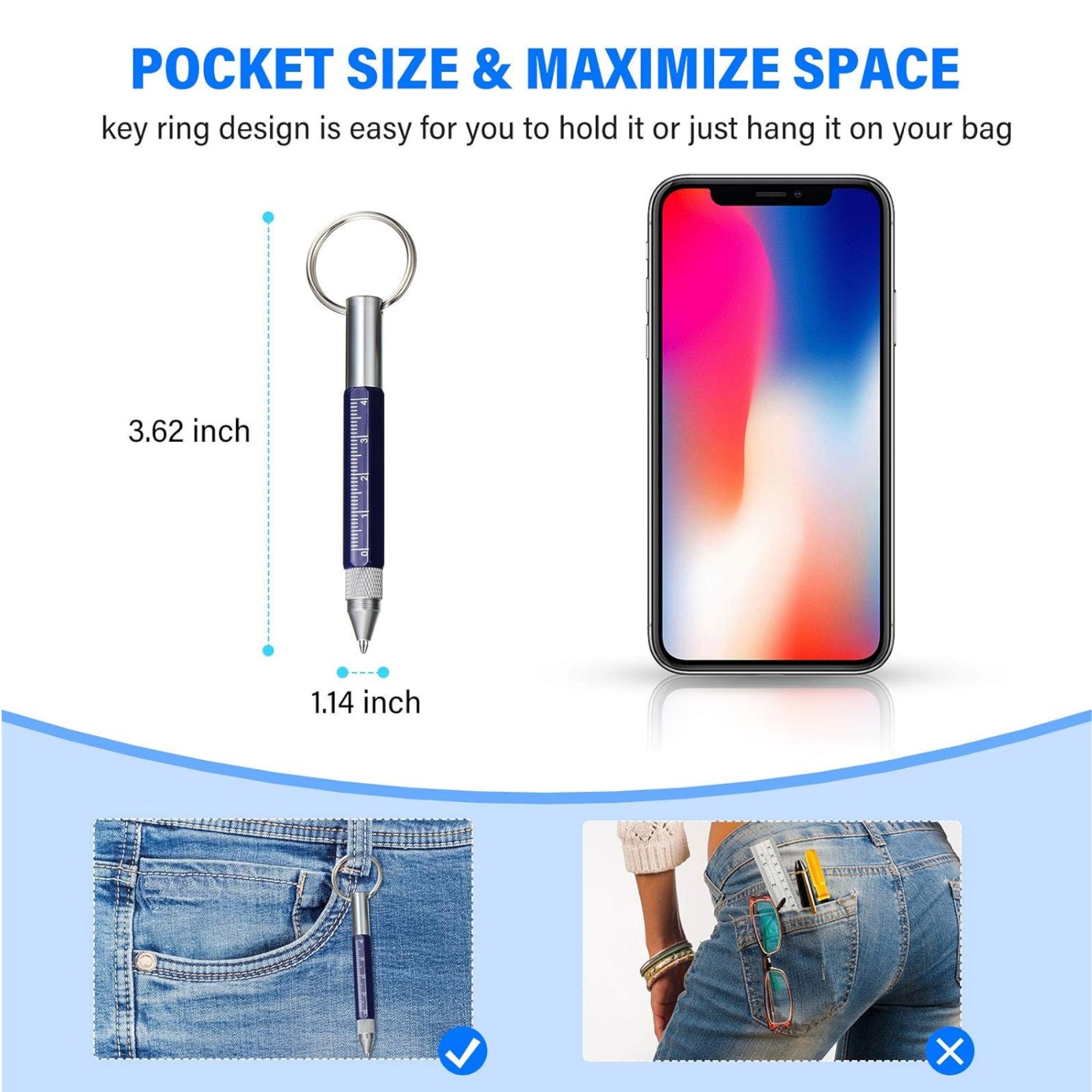 6 in 1 Keychain Tool Pen with Stylus Screwdriver Carabiner 3