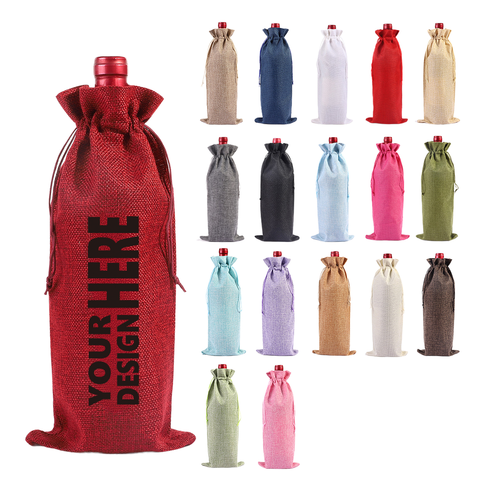 MOQ50 Custom Burlap Wine Bottle Bag with Drawstring 2