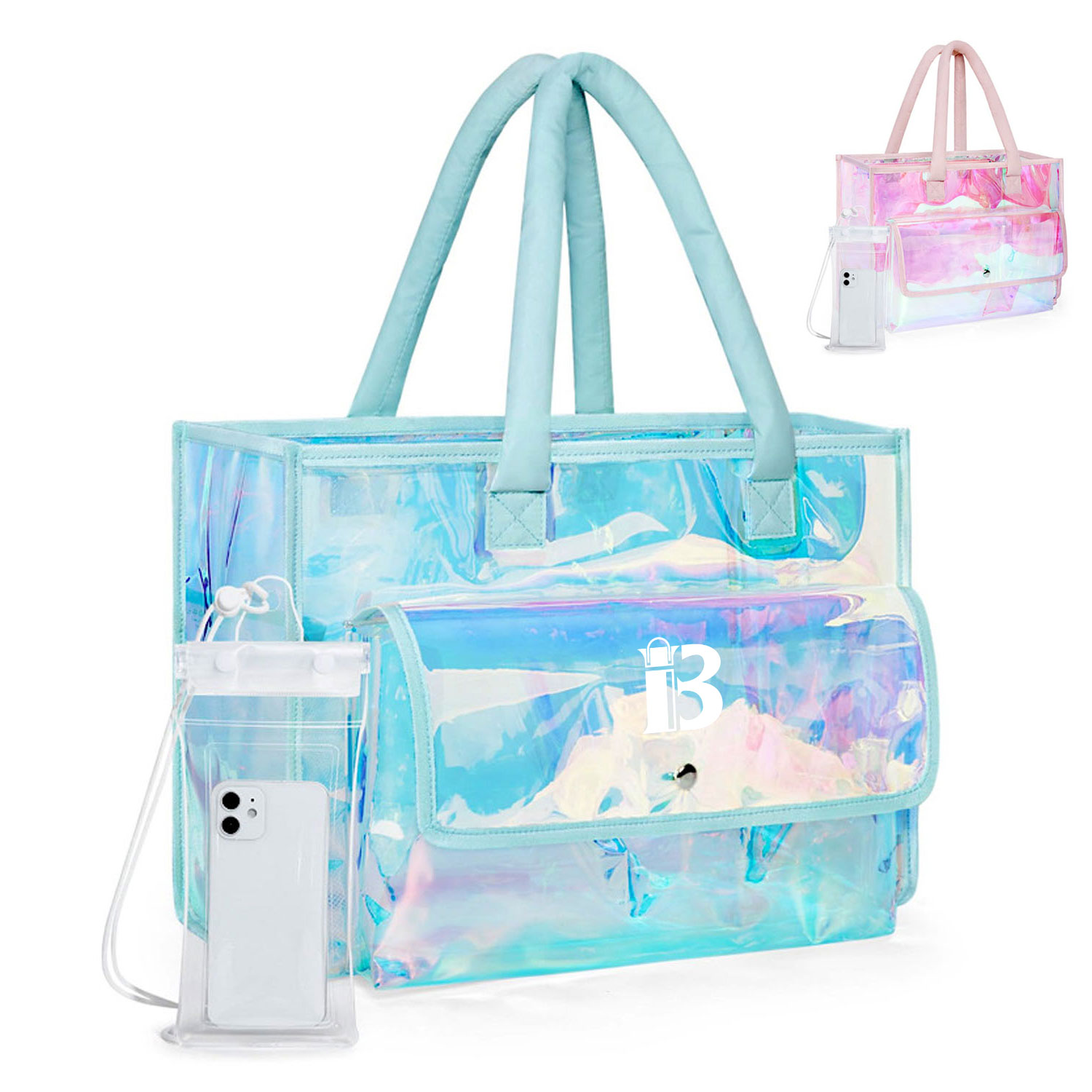 Holographic PVC Waterproof Beach Tote Bag w/ Phone Pouch 2
