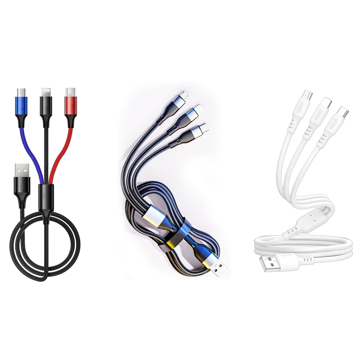 3-in-1 Braided Charging Cable W/ USB-A and Multi Connectors 5