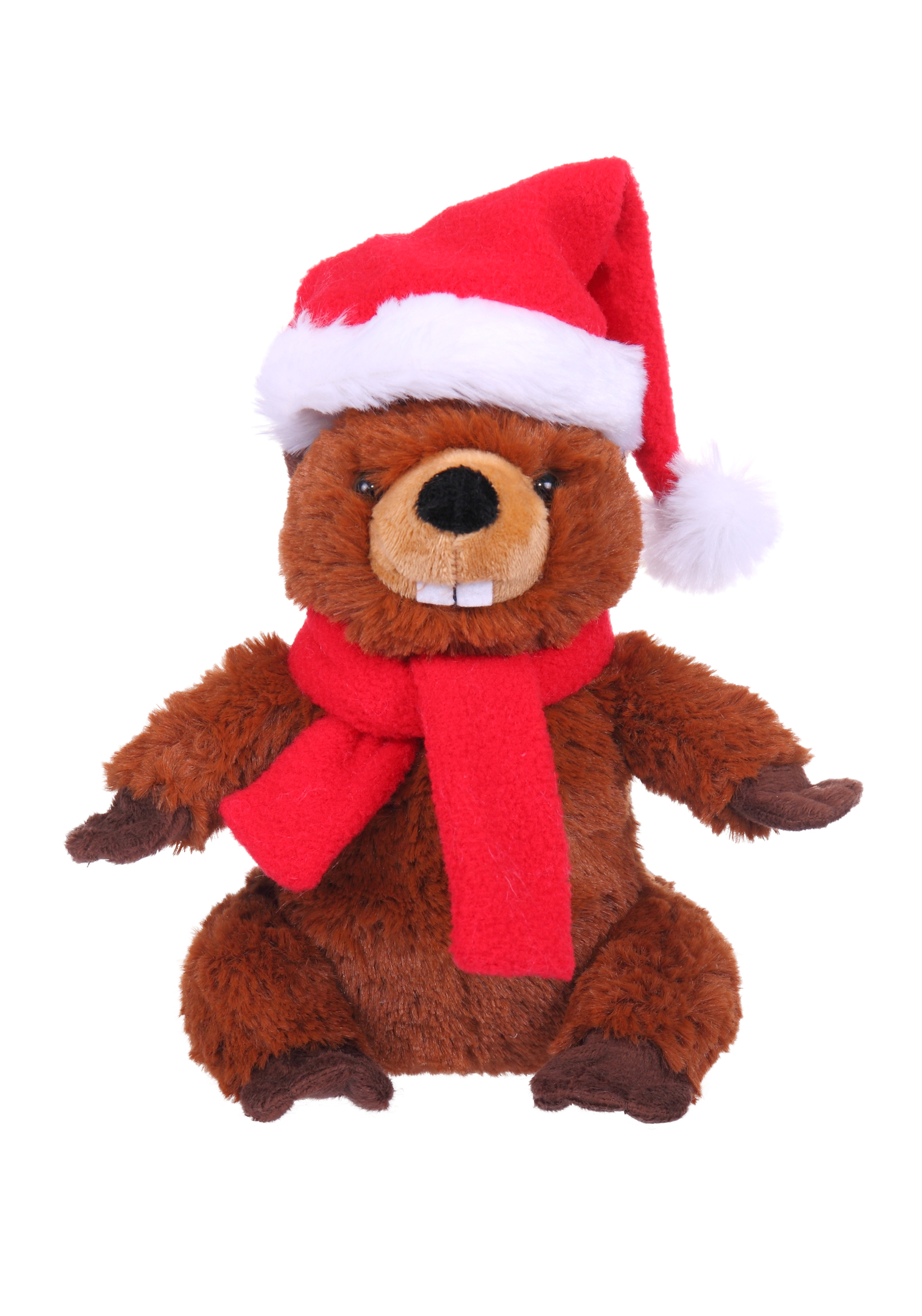 Soft Plush Sitting Beaver wearing a Christmas Scarf & Hat 2