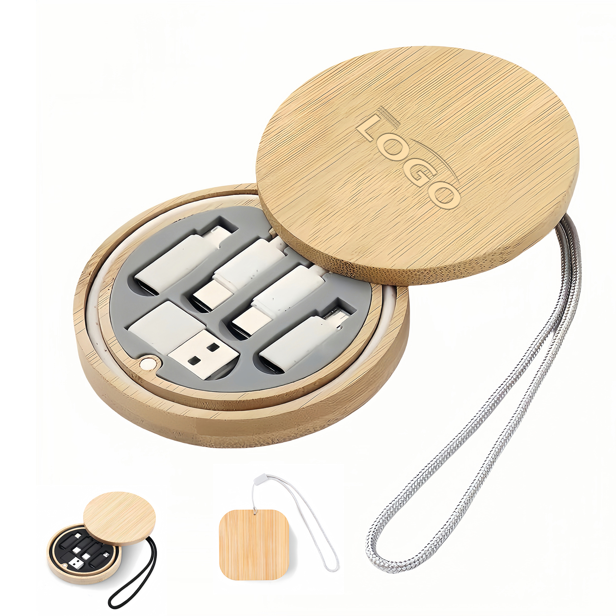 Round Bamboo Cable Organizer with Lanyard 2