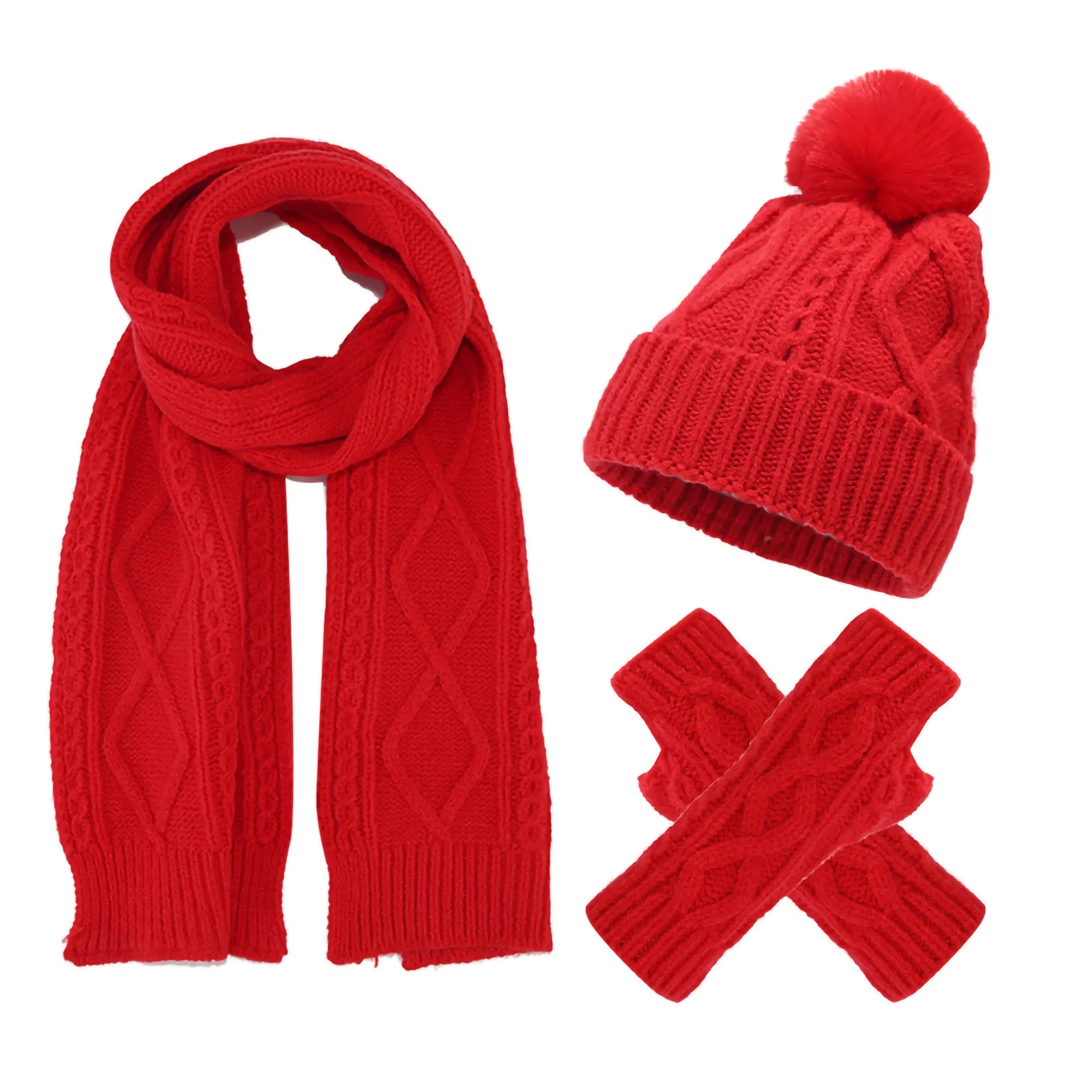 3Pcs Knit Set Hat Neck Warmer Scarf Touch Screen Gloves 5
