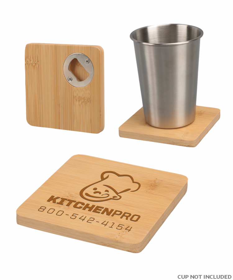 Union Printed - 4 inch Square Bamboo Coaster with Beer Opener - Laser Engraved Logo 2