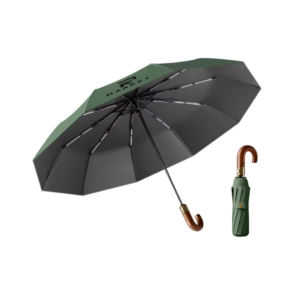 Ergonomic Solid Wood Handle Auto-Folding Umbrella 1