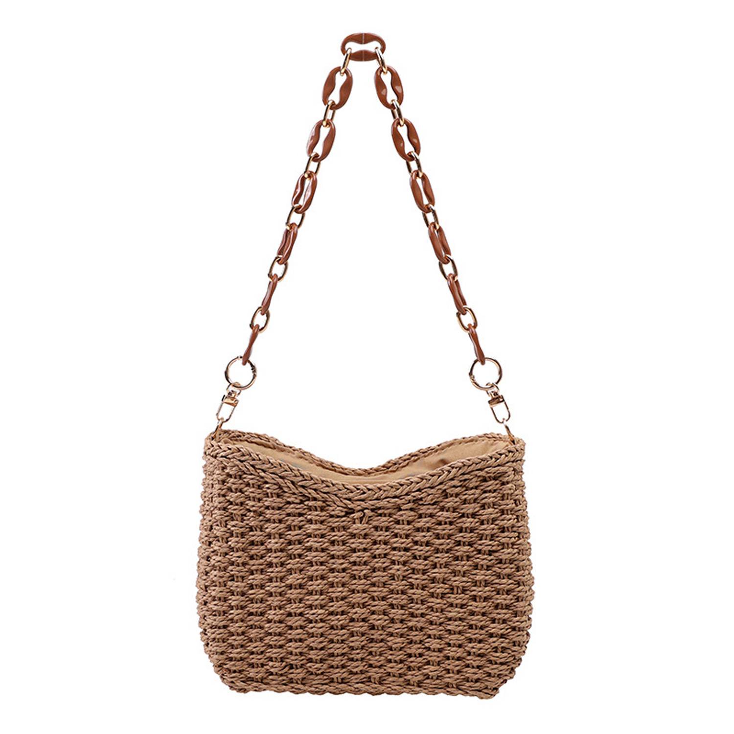 Straw Woven Shoulder Bag Handbag w/ Chain for Beach Travel 4