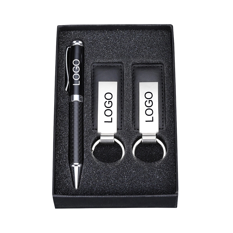 Leather/Metal Key Tag and Carbon Fiber Ballpoint Gift Set 4