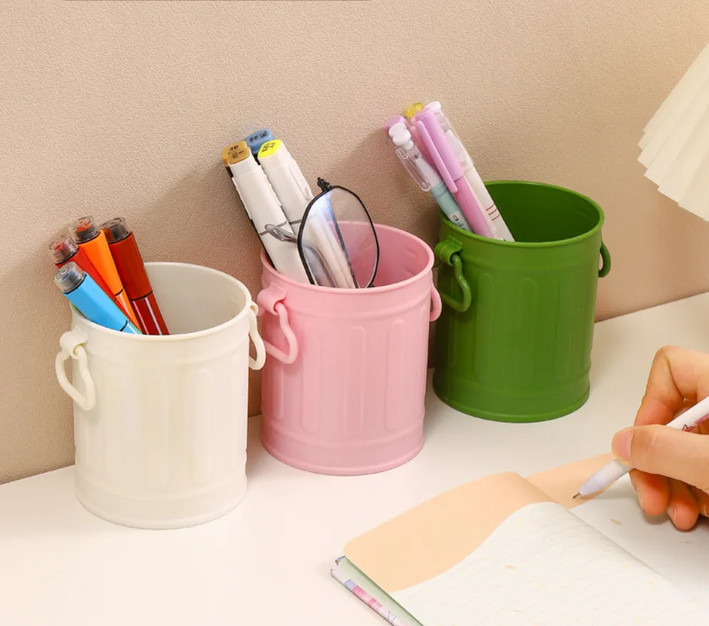 Retro Iron Bucket Shaped Hangable Pen Holder Desk Organizer 5