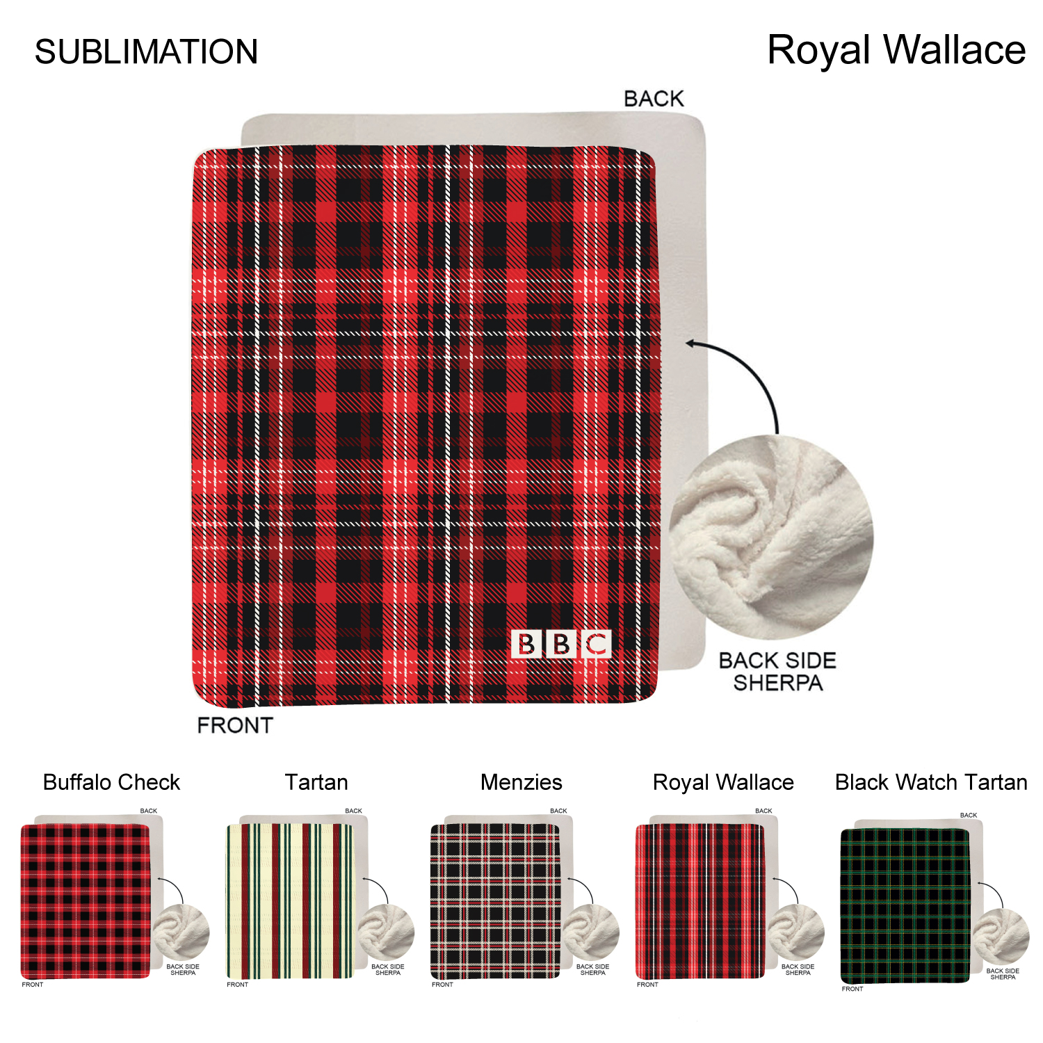 Stock Plaid Design Plush Sherpa Lined Micro Mink Throw, 50"x60", Sublimated 9