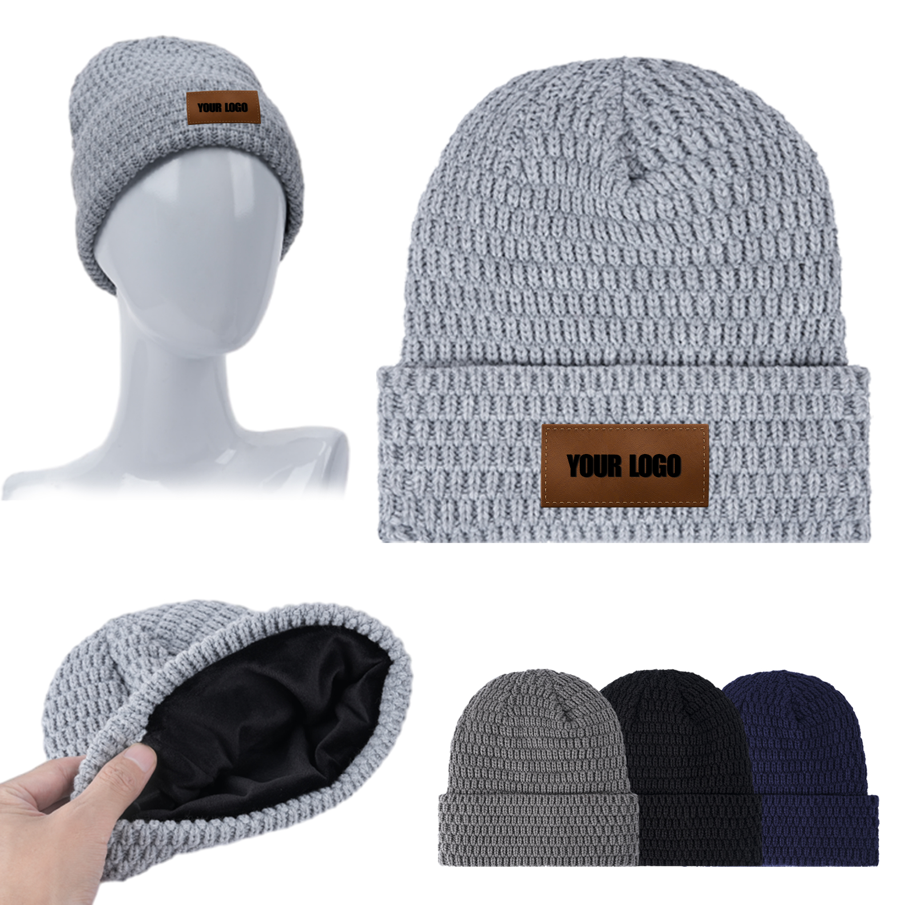 Fleece Lined Knit Beanie With Custom Leather Patch 5