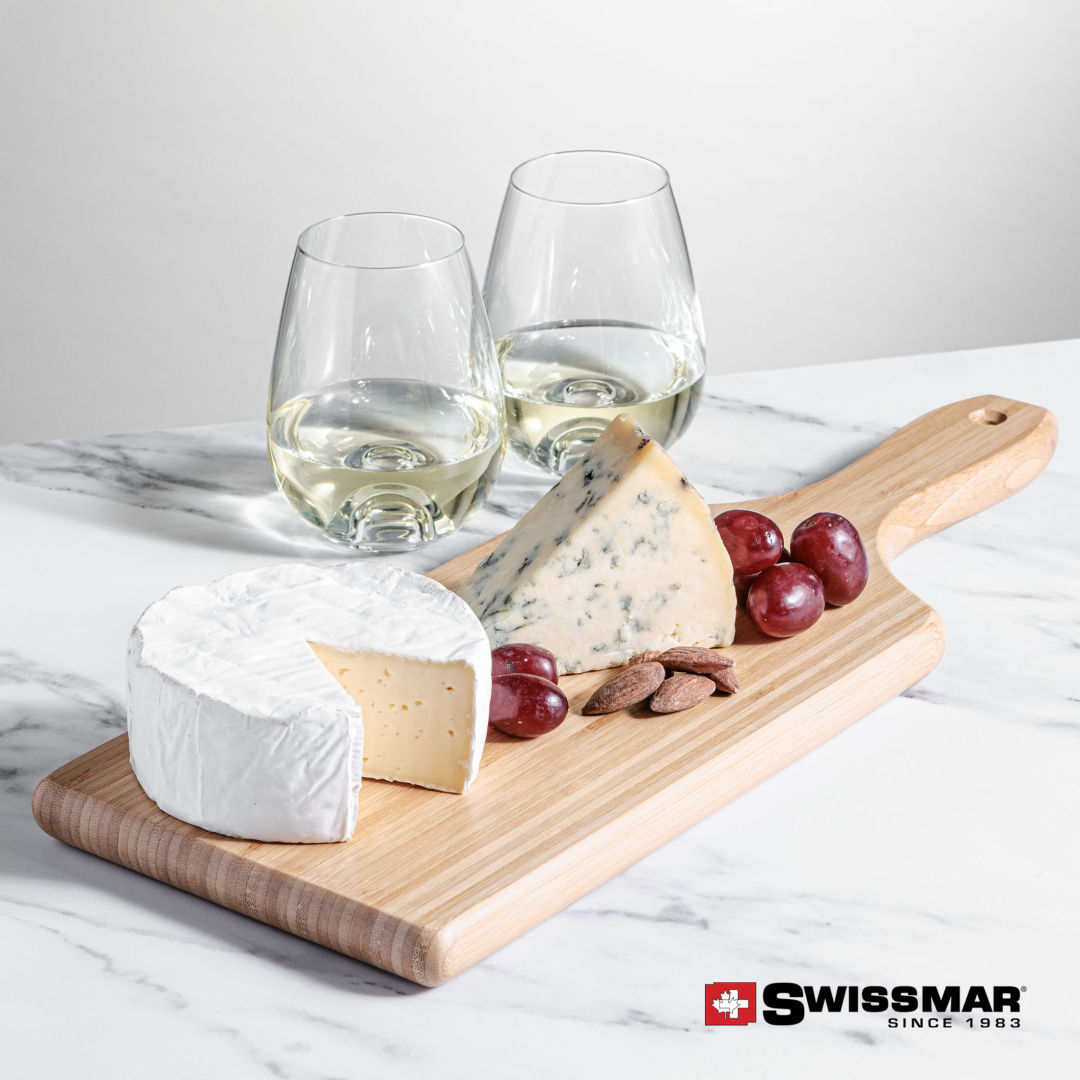 Swissmar® Bamboo Board & 2 Edderton Stemless Wine 4