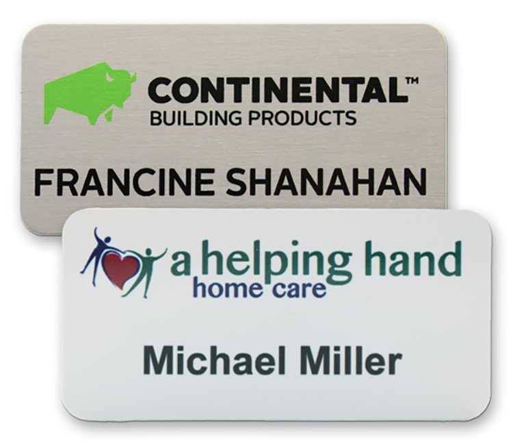 The Athena full color .040 metal name badge 1 1/2" x 3 3