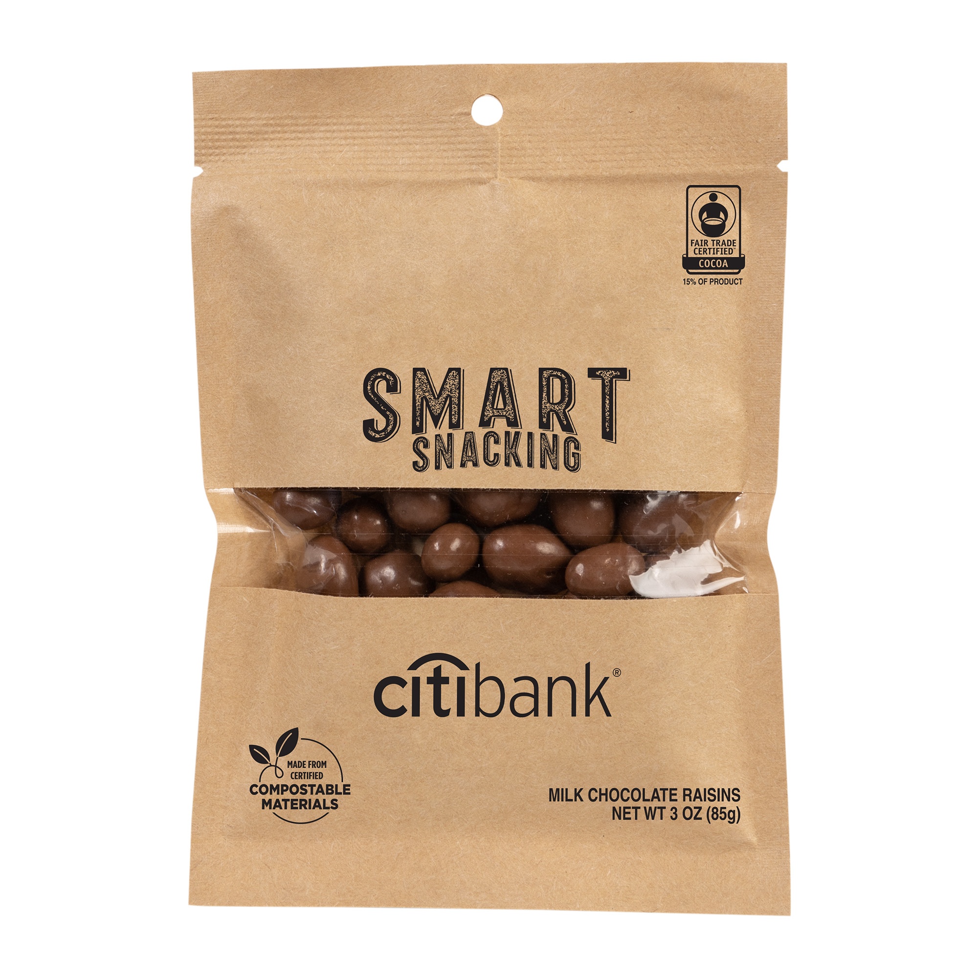 FairTrade Milk Chocolate Raisins in Compostable Kraft Pouch 1