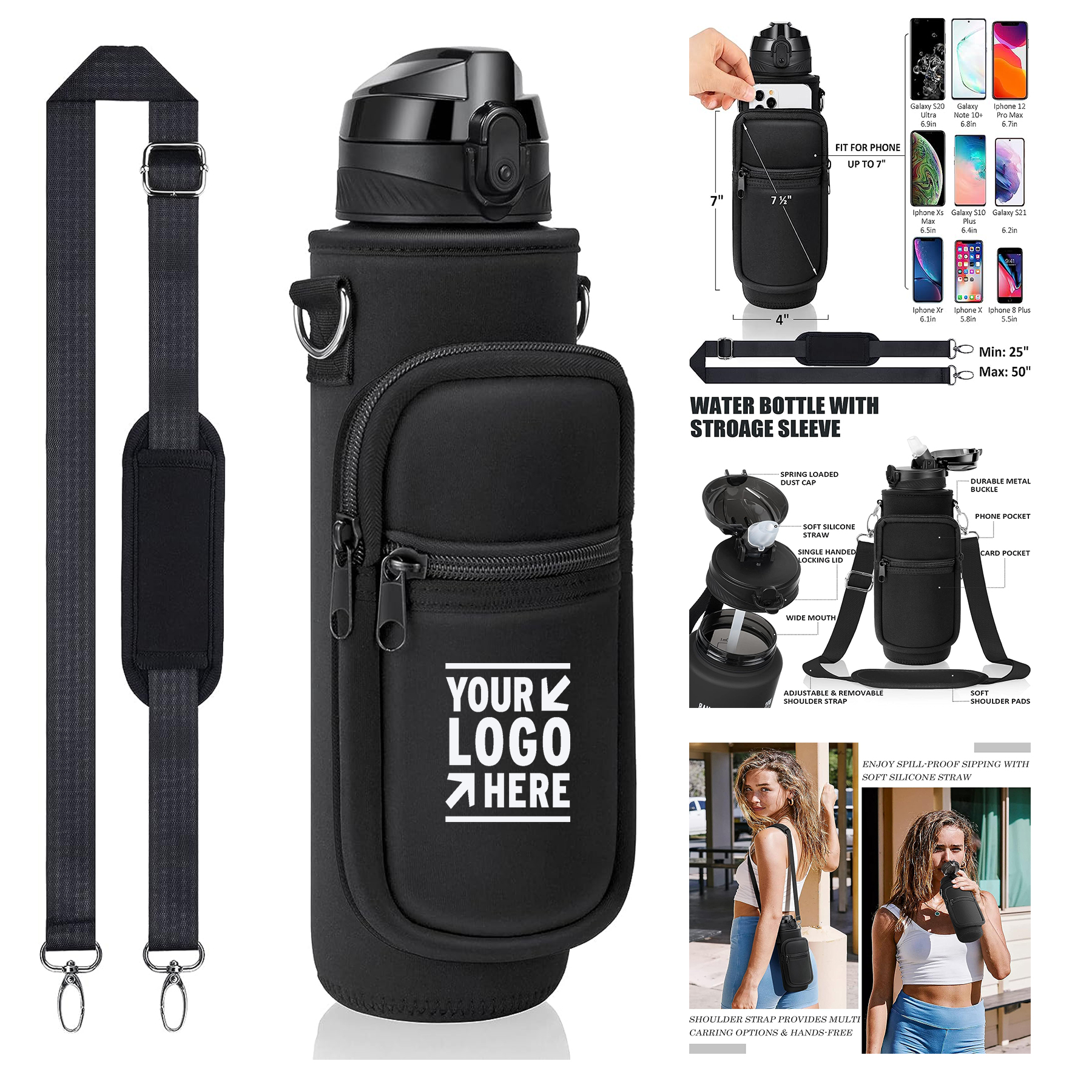 32 oz Sport 1L Plastic Water Bottle With Straw Strap Sleeve Insulated Neoprene Holder Carrier Bag 2
