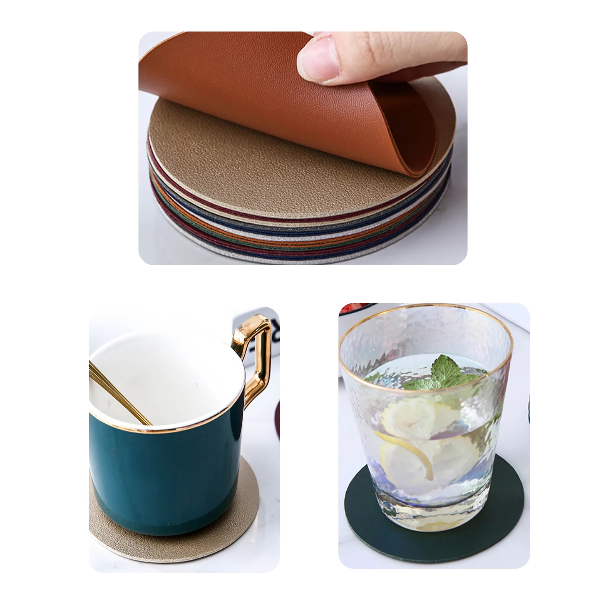 Solid Color Round PU Leather Coaster 2
