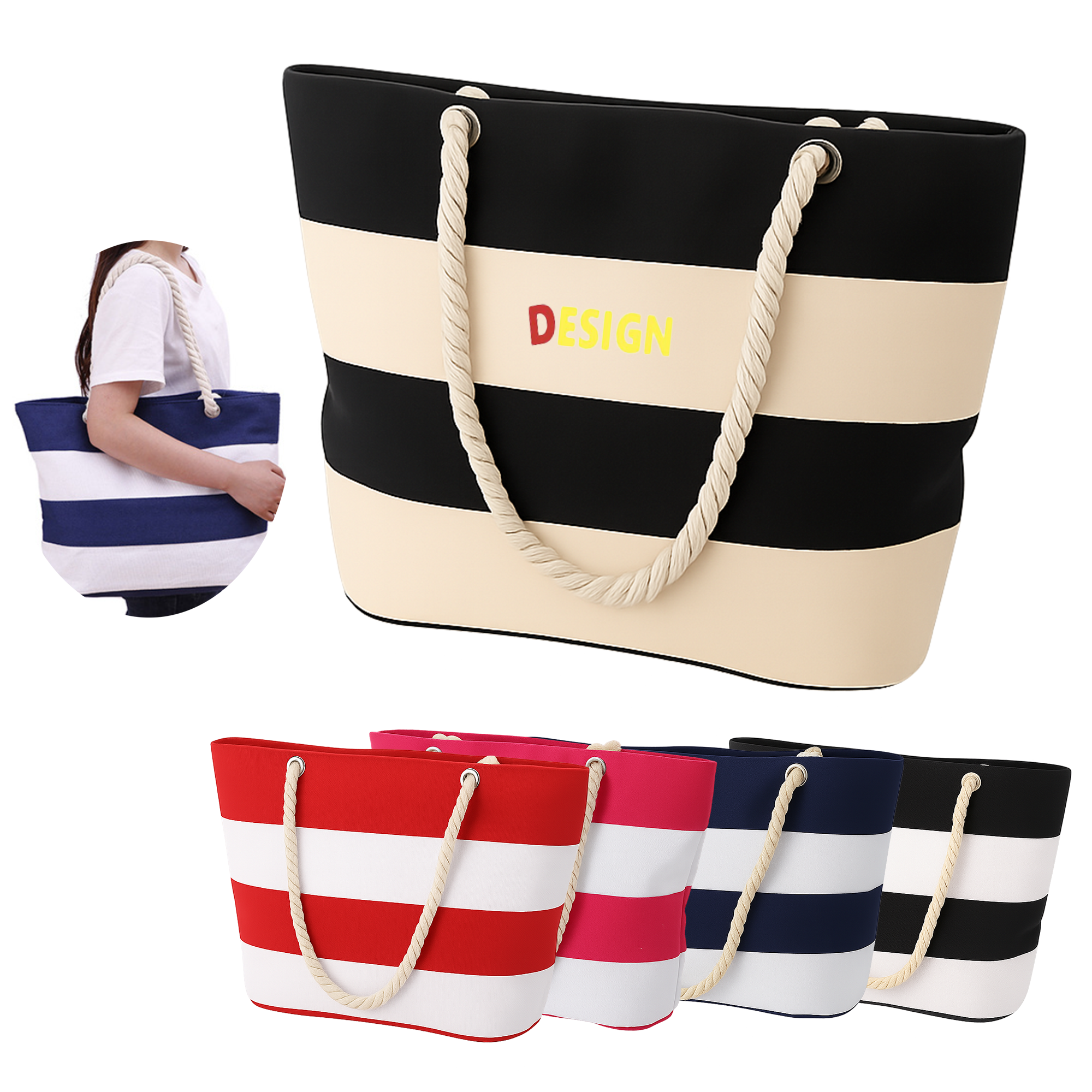 Nautical Stripe Cotton Blend Beach Tote, custom tote bag with logo imprint 2