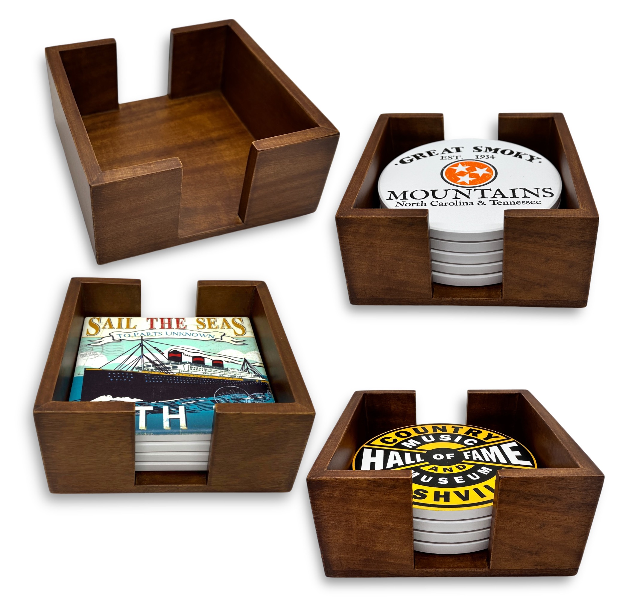 Walnut Finish Wooden 5 Coaster Holder Sets 6