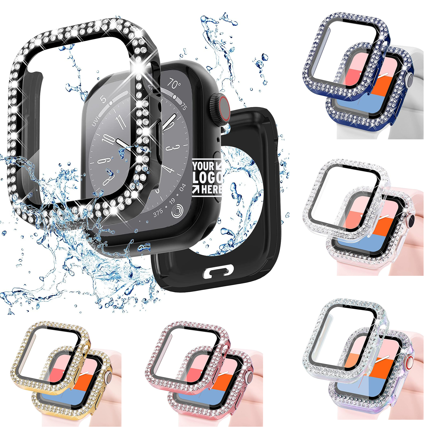 2 in 1 Bling Waterproof Case iWatch Series SE 6 5 4 40mm PC Cover Tempered Glass Screen Protector 2