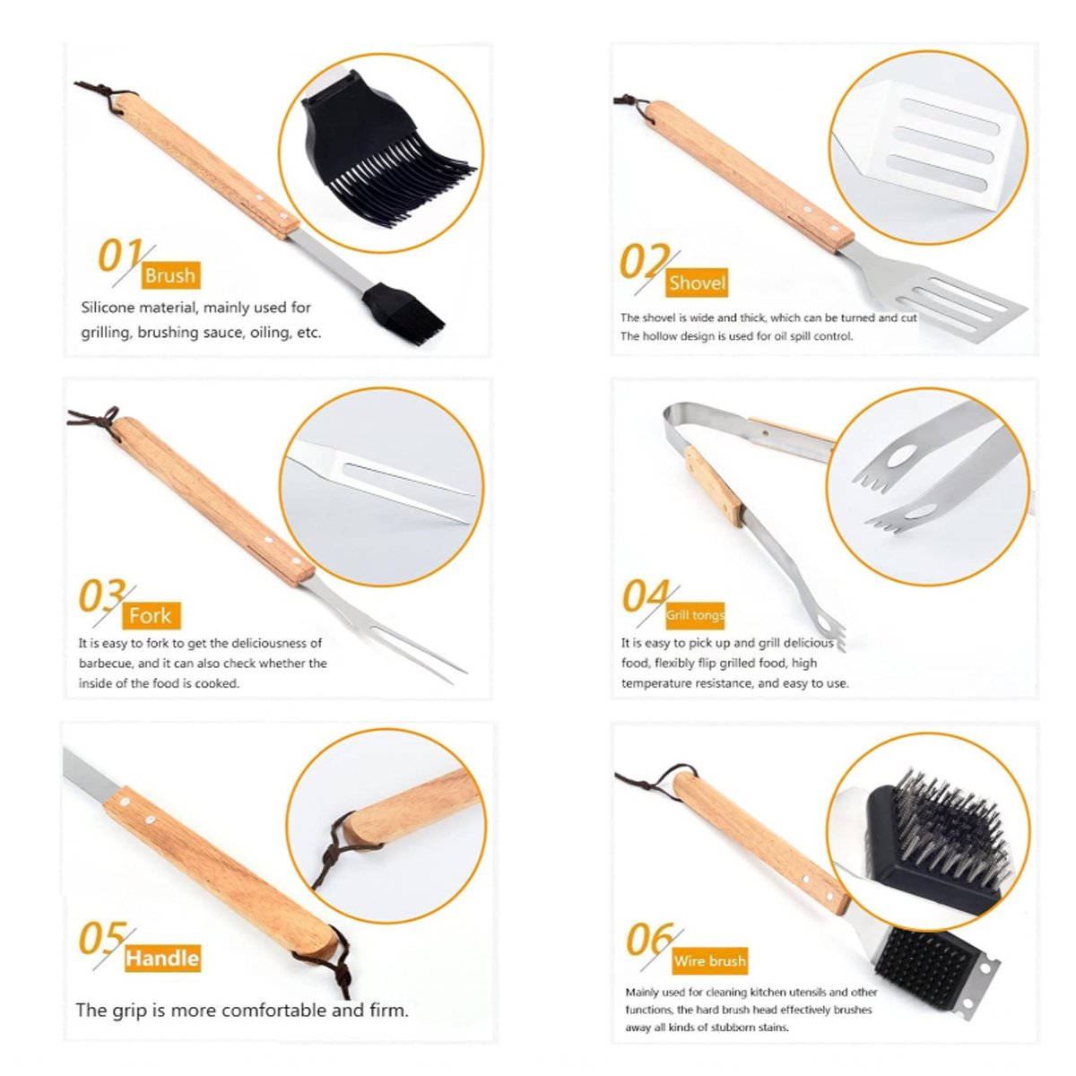 5-Piece BBQ Grill Tool Set with Wooden Handles 3