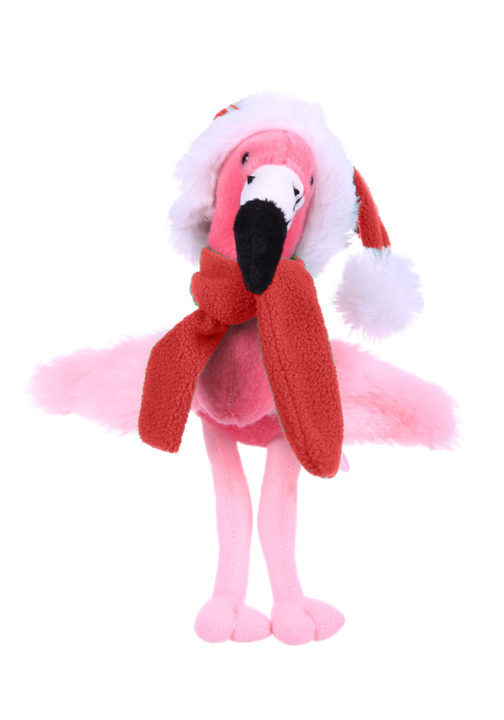 Soft Plush Sitting Flamingo wearing a Christmas Scarf & Hat 1