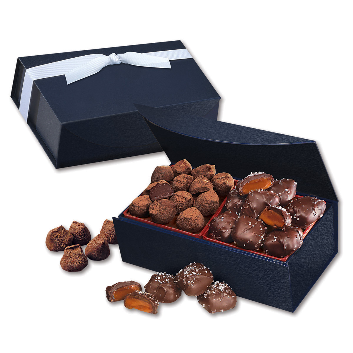 Chocolate Sea Salt Caramels & Cocoa Dusted Truffles in Navy Magnetic Closure Box 2