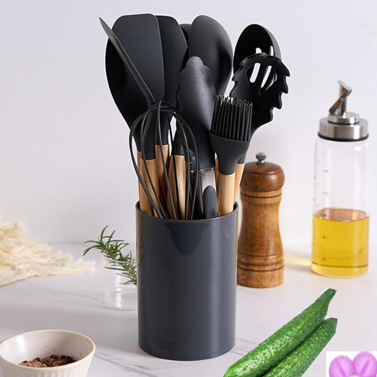 12-Piece Silicone Kitchen Utensil Set with Wood Handles 6