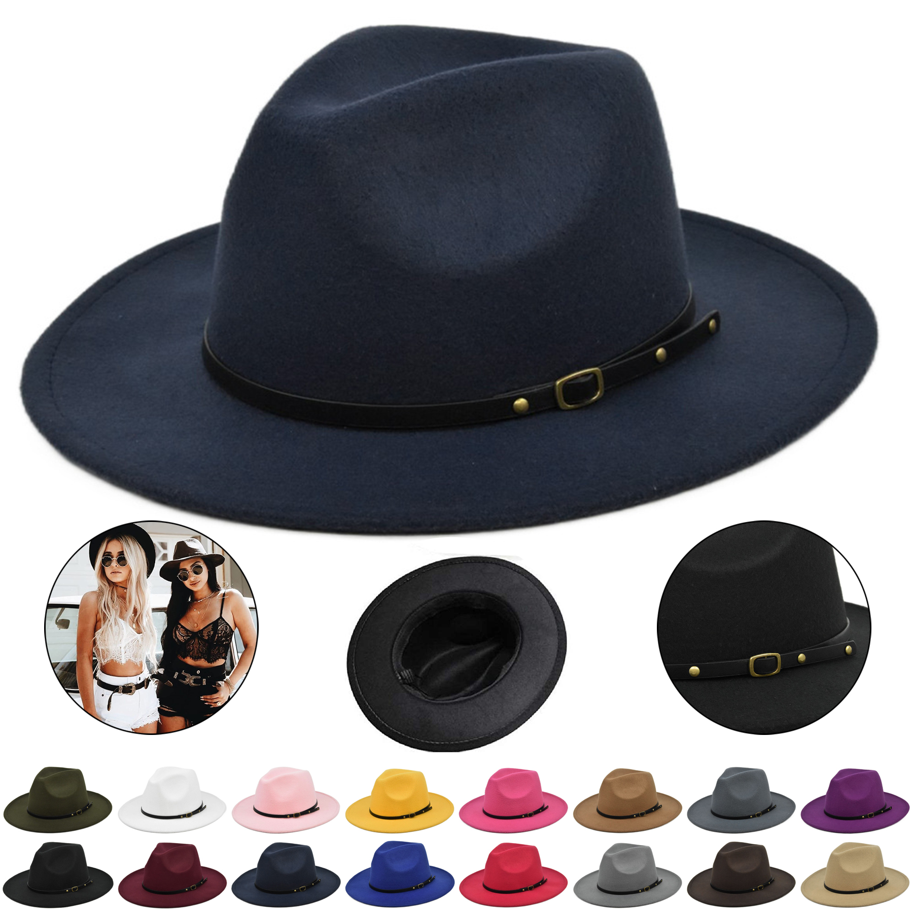 Classic Wide Brim Fedora with Belt Buckle 1