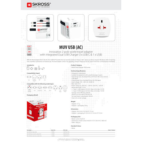 SKROSS World Travel Adapter MUV USB Type A & Type 76
